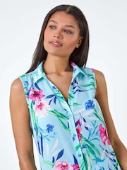 Roman Blue Tropical Floral Sleeveless Button Blouse - Image 4 of 5
