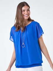 Roman Blue Chiffon Jersey Blouson Top with Necklace - Image 1 of 5