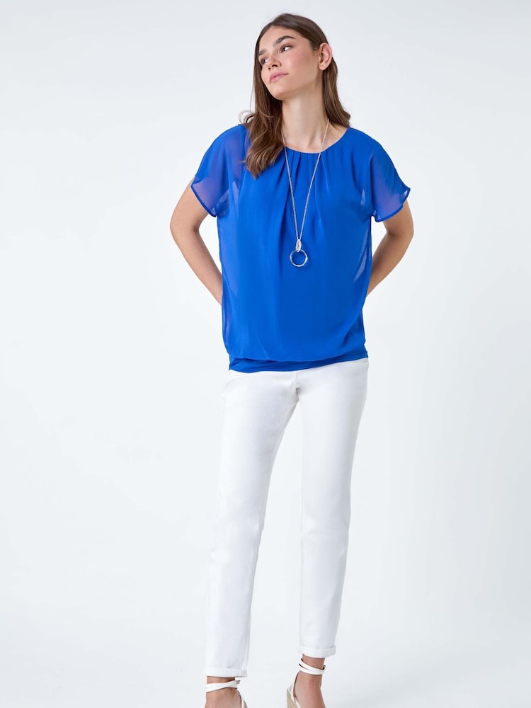 Roman Blue Chiffon Jersey Blouson Top with Necklace - Image 2 of 5