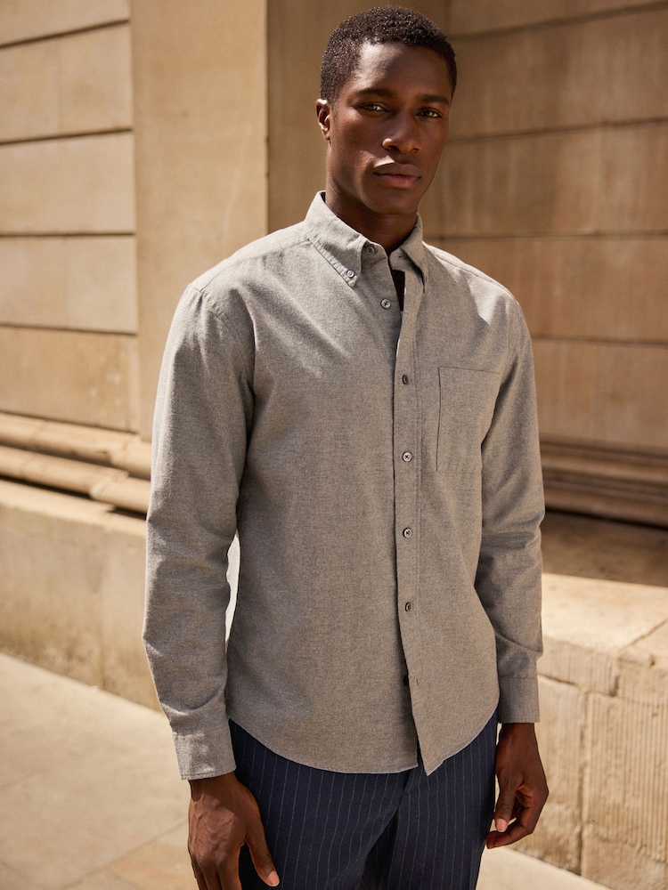 Grey Brushed 100% Cotton Oxford Long Sleeve Shirt - Image 1 of 8