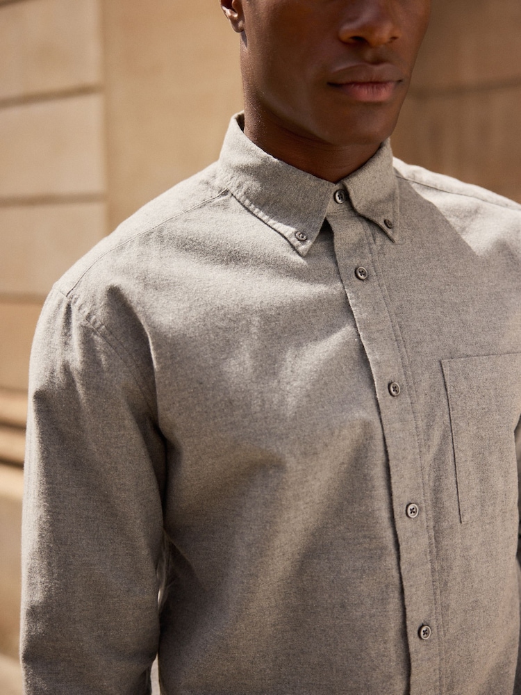 Grey Brushed 100% Cotton Oxford Long Sleeve Shirt - Image 4 of 8