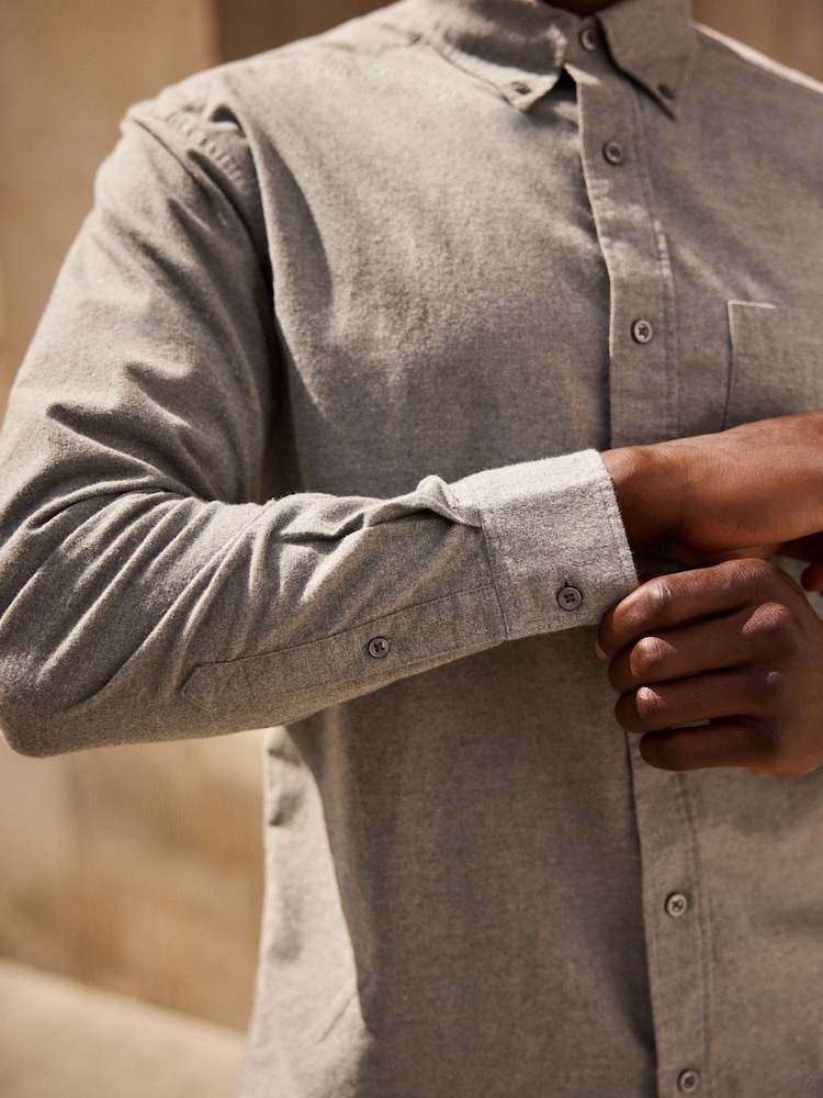 Grey Brushed 100% Cotton Oxford Long Sleeve Shirt - Image 5 of 8