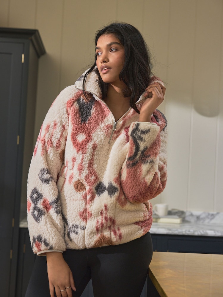 Cream/Pink Ikat Borg Half Zip Jacket - Image 1 of 9