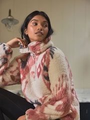 Cream/Pink Ikat Borg Half Zip Jacket - Image 2 of 9
