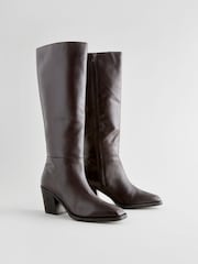 Chocolate Brown Leather Forever Comfort® Cowboy Knee High Heeled Boots - Image 1 of 8