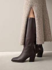 Chocolate Brown Leather Forever Comfort® Cowboy Knee High Heeled Boots - Image 2 of 8