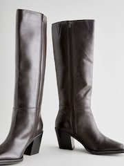Chocolate Brown Leather Forever Comfort® Cowboy Knee High Heeled Boots - Image 8 of 8