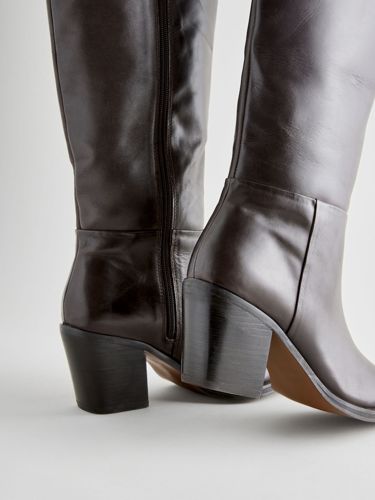 Chocolate Brown Leather Forever Comfort® Cowboy Knee High Heeled Boots - Image 8 of 8