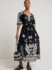 River Island Black Floral Puff Sleeve Maxi Dress - Image 1 of 5