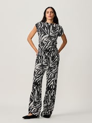 Black/White Print Textured Wide Leg Jersey Trousers - Image 1 of 7