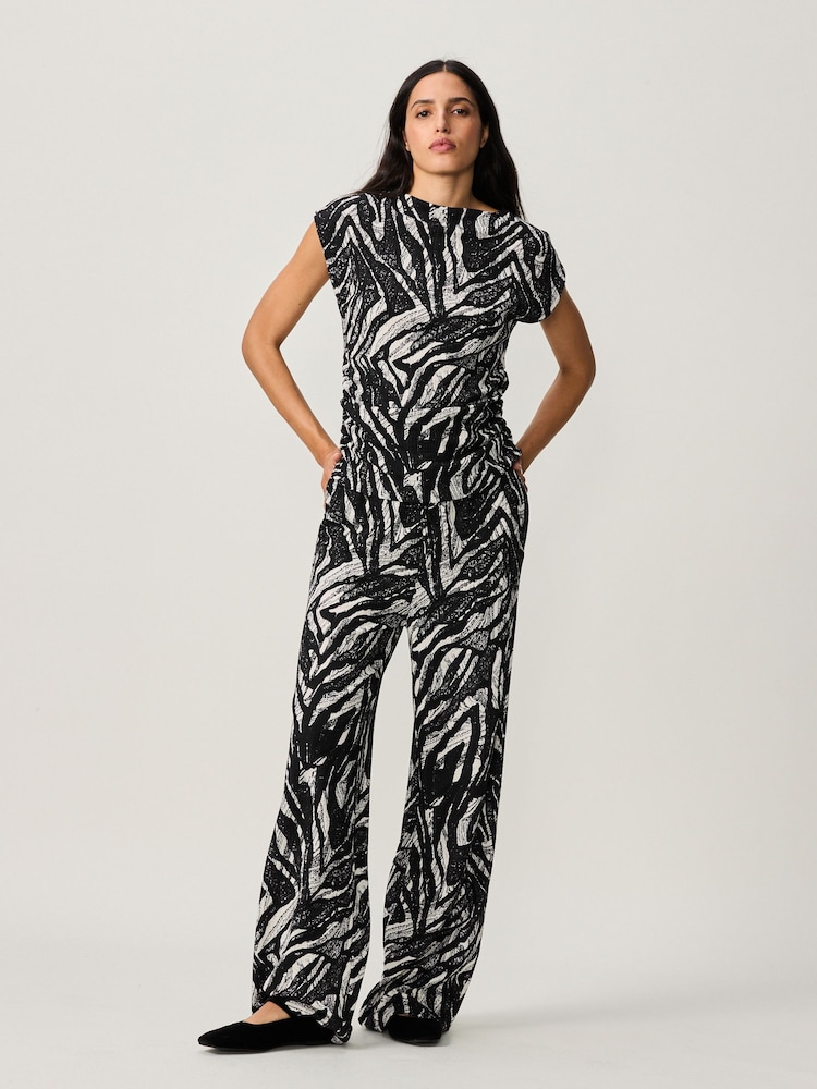 Black/White Print Textured Wide Leg Jersey Trousers - Image 1 of 7