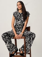 Black/White Print Textured Wide Leg Jersey Trousers - Image 2 of 7