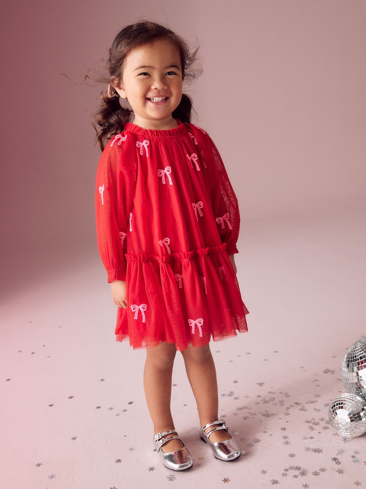 Red Bow Sequin Mesh Party Dress (3mths-8yrs) - Image 1 of 8