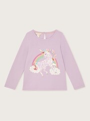 Monsoon Purple Unicorn Rainbow Long Sleeve 100% Cotton T-Shirt - Image 1 of 3