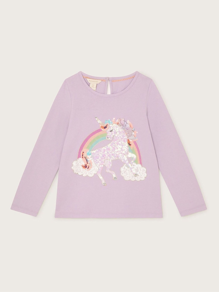 Monsoon Purple Unicorn Rainbow Long Sleeve 100% Cotton T-Shirt - Image 1 of 3