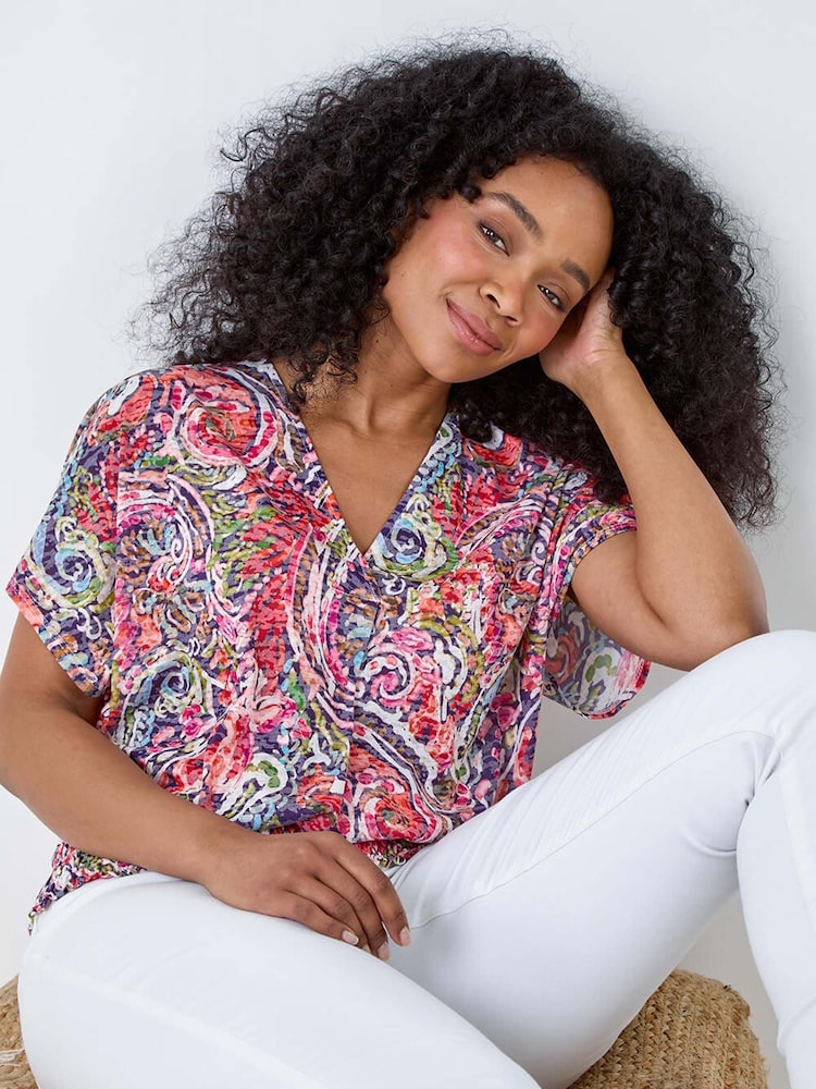Roman Pink Paisley Shirred Hem Stretch Top - Image 1 of 5