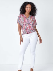Roman Pink Paisley Shirred Hem Stretch Top - Image 2 of 5