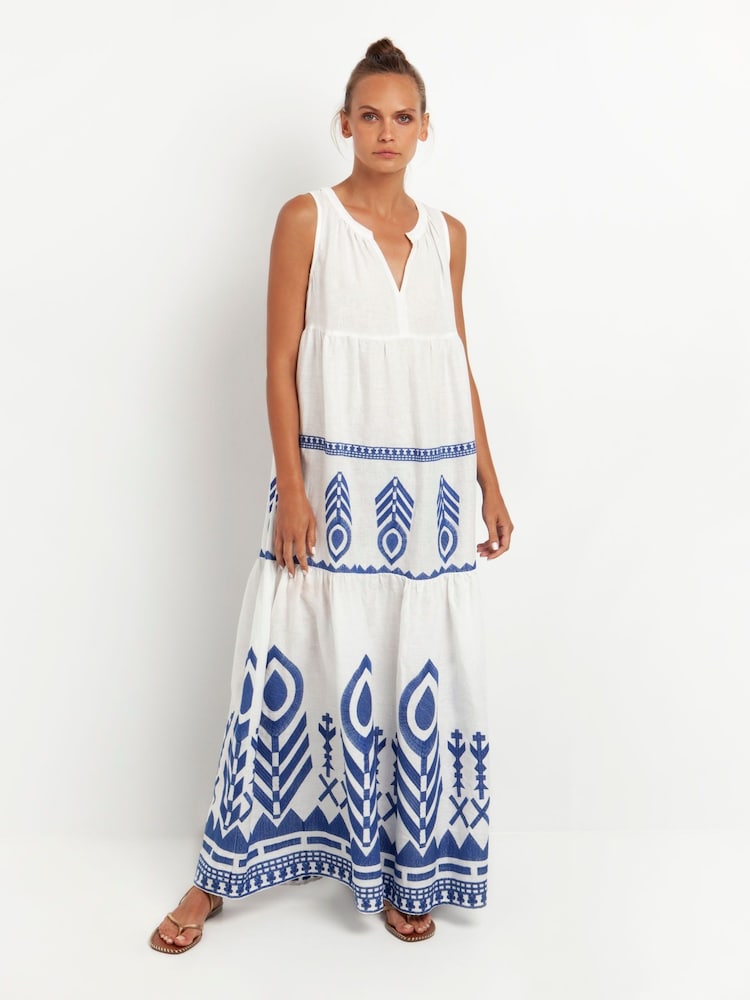 Greek Archaic Kori White/Blue Embroidered 100% Linen Sleeveless Maxi Dress - Image 1 of 3