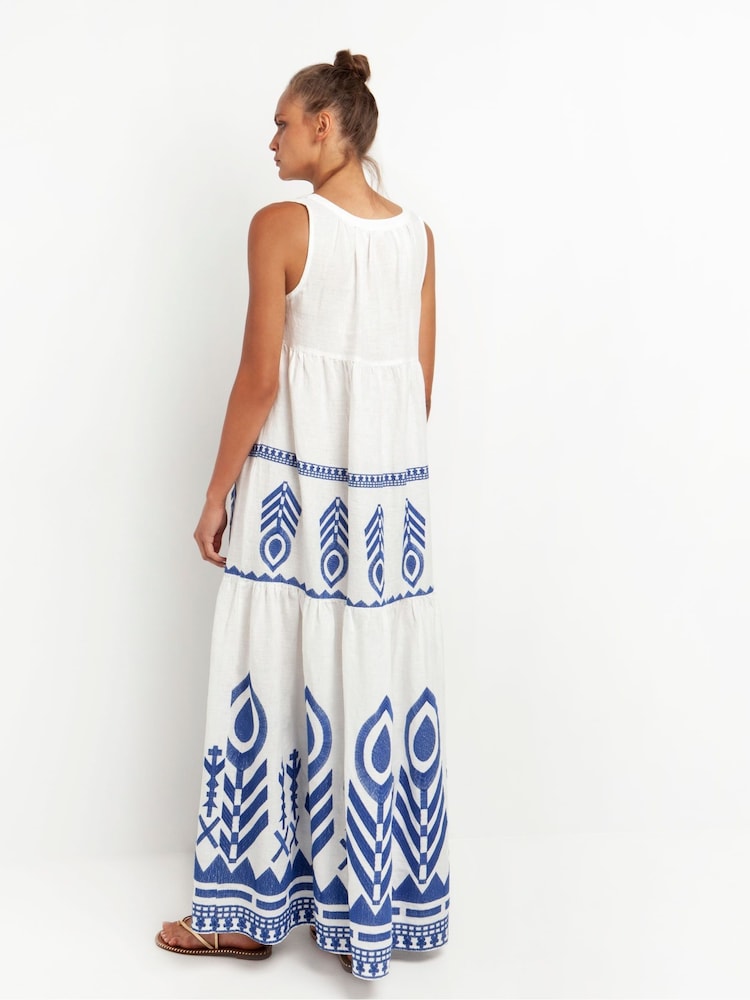Greek Archaic Kori White/Blue Embroidered 100% Linen Sleeveless Maxi Dress - Image 2 of 3