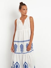 Greek Archaic Kori White/Blue Embroidered 100% Linen Sleeveless Maxi Dress - Image 3 of 3