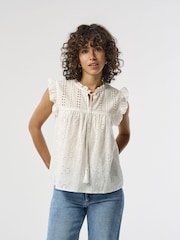 ONLY White 100% Cotton Broderie Frill Tie Front Blouse - Image 1 of 8
