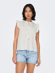 ONLY White 100% Cotton Broderie Frill Tie Front Blouse - Image 2 of 8