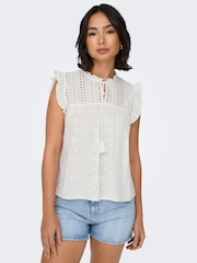 ONLY White 100% Cotton Broderie Frill Tie Front Blouse - Image 5 of 8