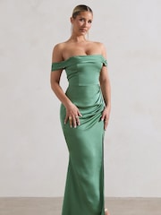 Club L London Green Katia Satin Bardot Fishtail Maxi Dress - Image 3 of 5