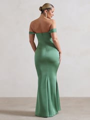 Club L London Green Katia Satin Bardot Fishtail Maxi Dress - Image 5 of 5