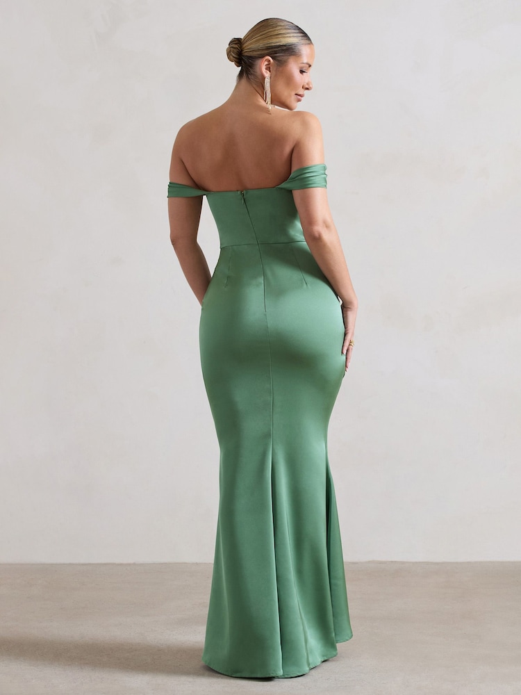 Club L London Green Katia Satin Bardot Fishtail Maxi Dress - Image 5 of 5