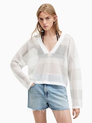 AllSaints White AllSaints Green Misha V-Neck Jumper - Image 1 of 7