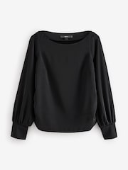 أسود - Long Sleeve Gathered Sides Blouse - صورة 6 من 7