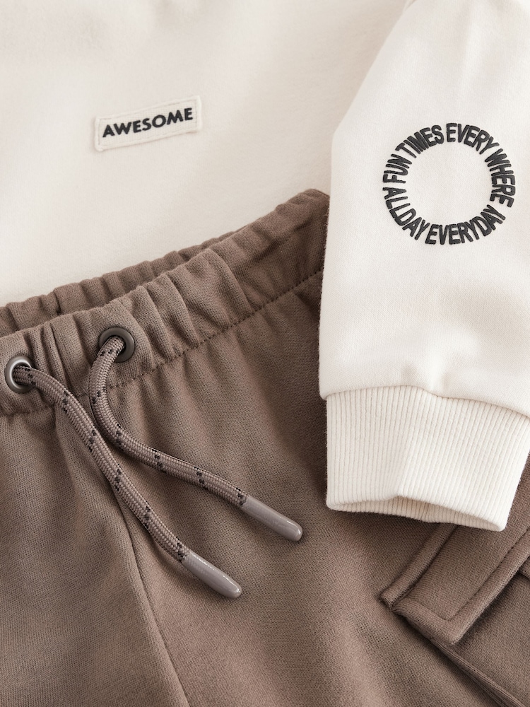 Ecru Cream/Brown High Neck Sweatshirt And Cargo Pocket Joggers Set (3mths-7yrs) - Image 9 of 9