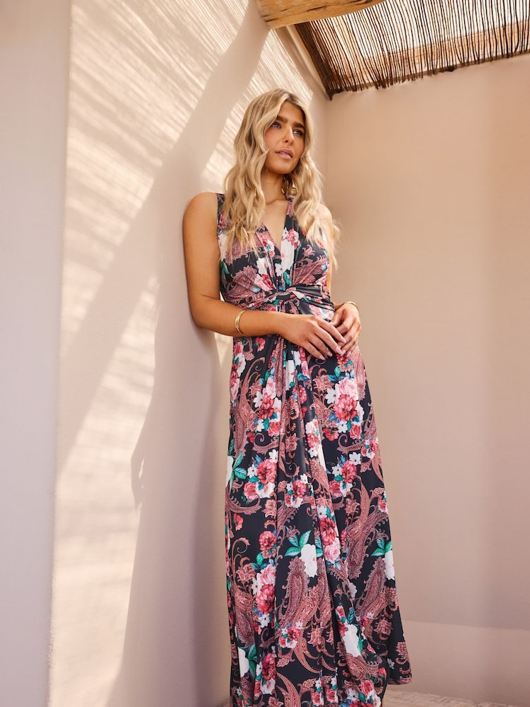 M&Co Navy Blue Paisley Floral Print Knot Maxi Dress - Image 1 of 6
