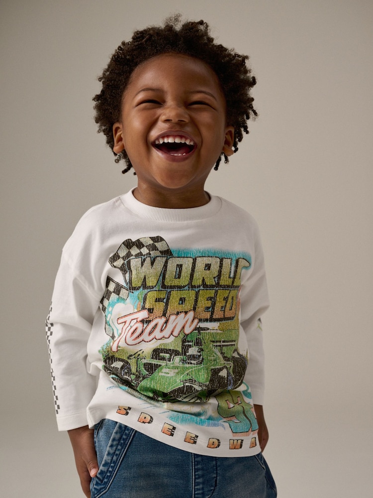White Racing Car Long Sleeve Transport T-Shirt (3mths-7yrs) - Image 1 of 7