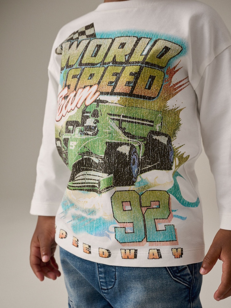 T-shirt Speed QB Racing Manches Longues - Taille M, Blanc, Avec Patchs, Occasion Parfait