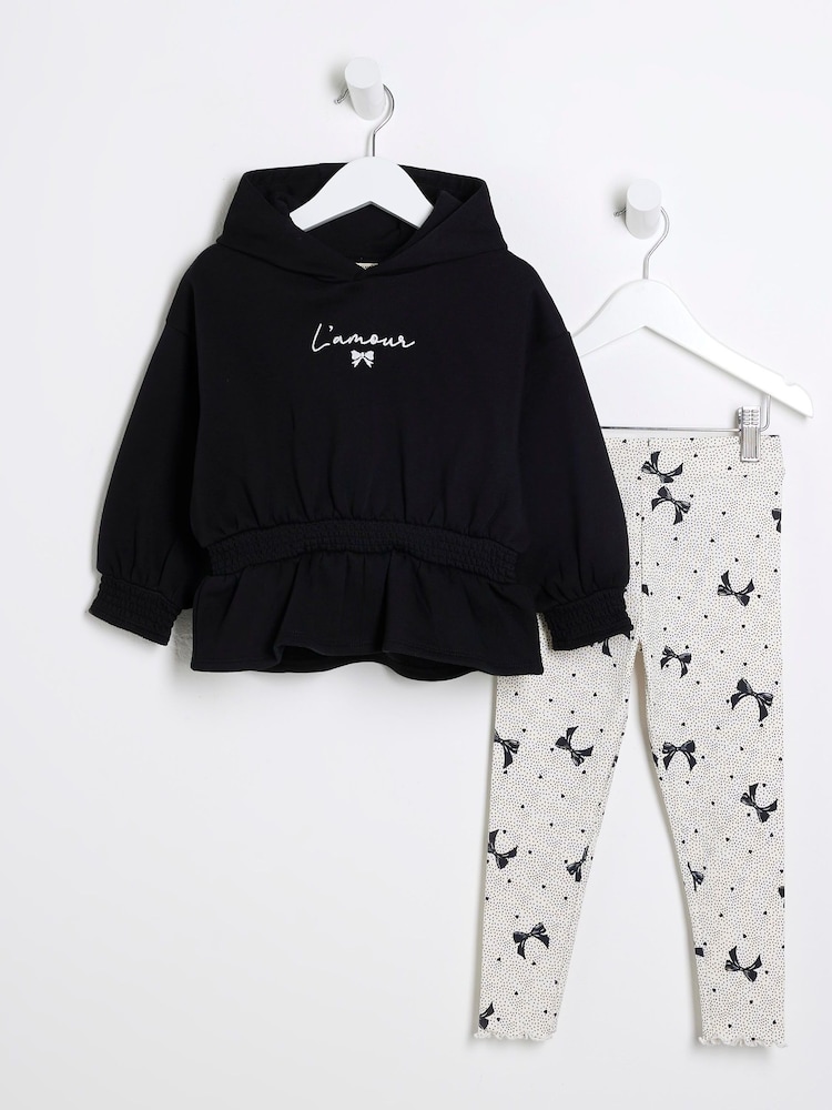 River Island Black Girls Cinch 100% Cotton Hoodie and Leggings Set - Image 1 of 4
