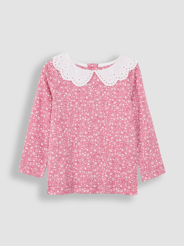 JoJo Maman Bébé Pink Floral Broderie Collar Top - Image 1 of 3