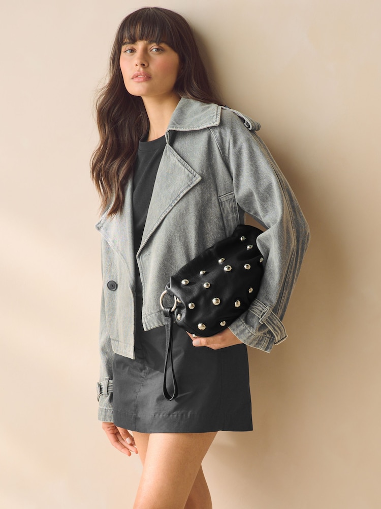 Black Leather Studded Clutch Bag - Image 1 of 7