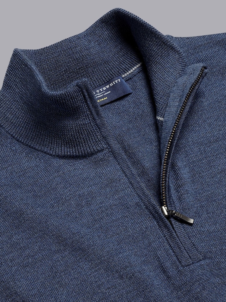 Charles Tyrwhitt Sky Blue Pure Merino Quarter Zip Jumper - Image 4 of 5