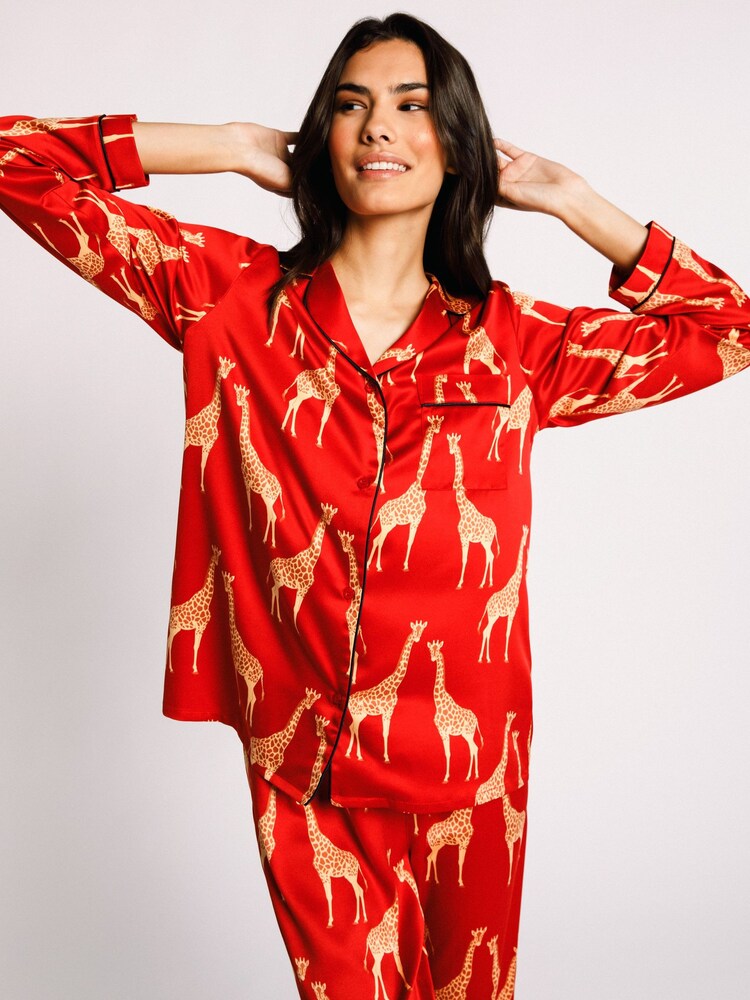 Chelsea Peers Red Satin Giraffe Print Long Pyjama Set - Image 1 of 1