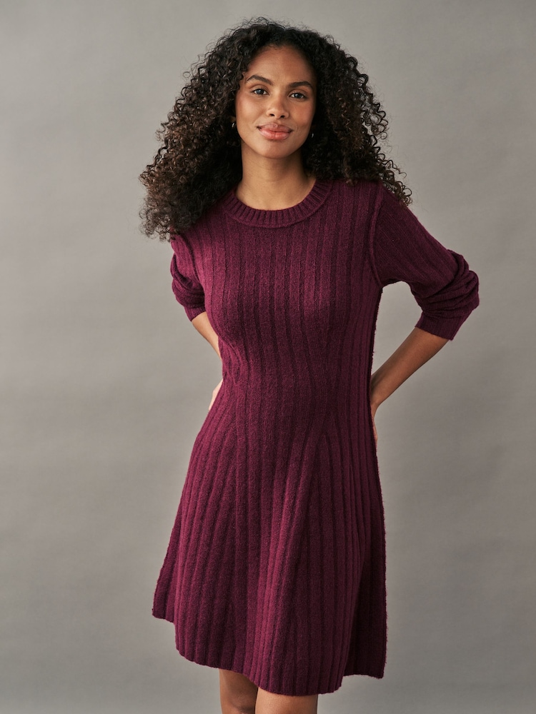 Red Berry Ribbed Fit And Flare Mini Knitted Jumper Dress With Wool - Image 1 of 6