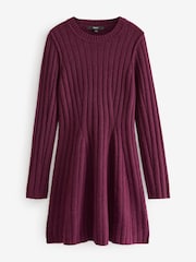 Red Berry Ribbed Fit And Flare Mini Knitted Jumper Dress With Wool - Image 4 of 6