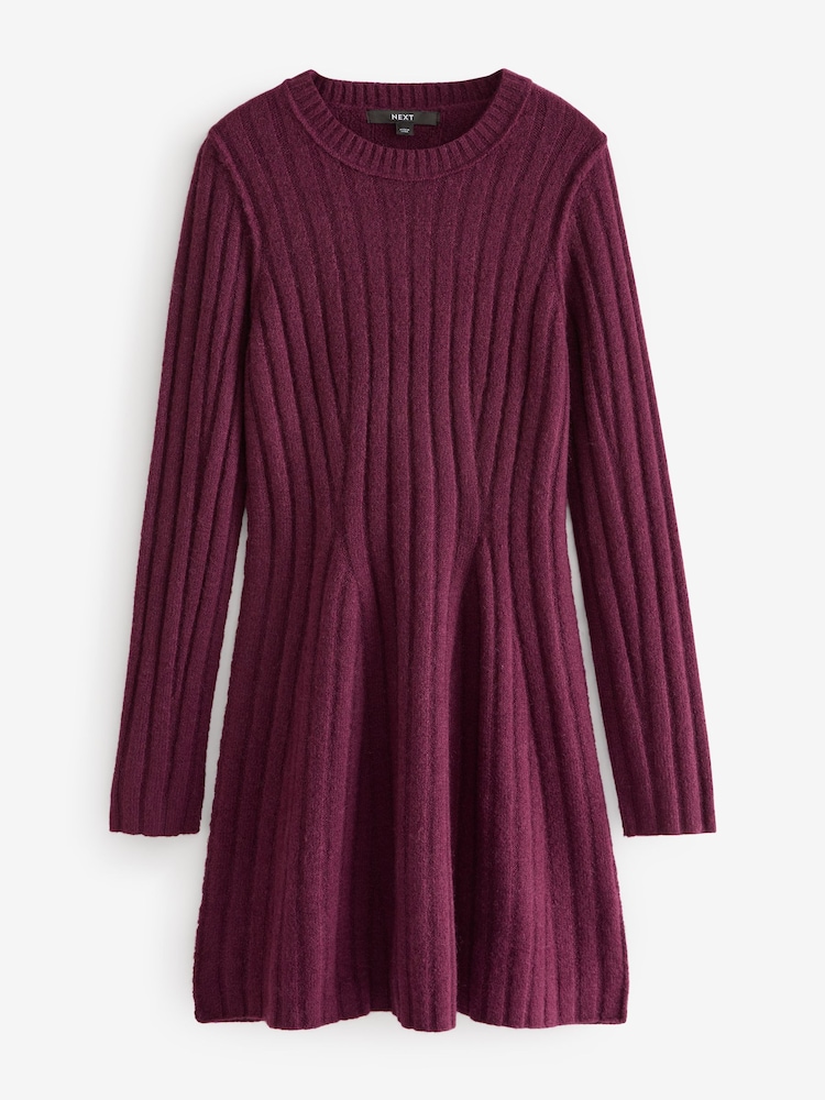 Rød Berry - Ribbestrikket Fit And Flare Mini Strikket Genser Kjole med ull - Image 4 of 6