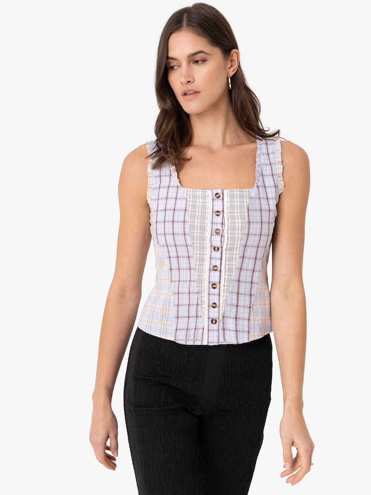Amy Lynn Blue Brittany Multi Check Cotton Frill Top - Image 1 of 3