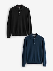 Black/Navy Blue Slim Fit Knitted Long Sleeve Polo Shirts 2 Pack - Image 1 of 11