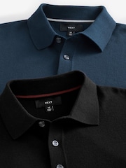 Black/Navy Blue Slim Fit Knitted Long Sleeve Polo Shirts 2 Pack - Image 10 of 11