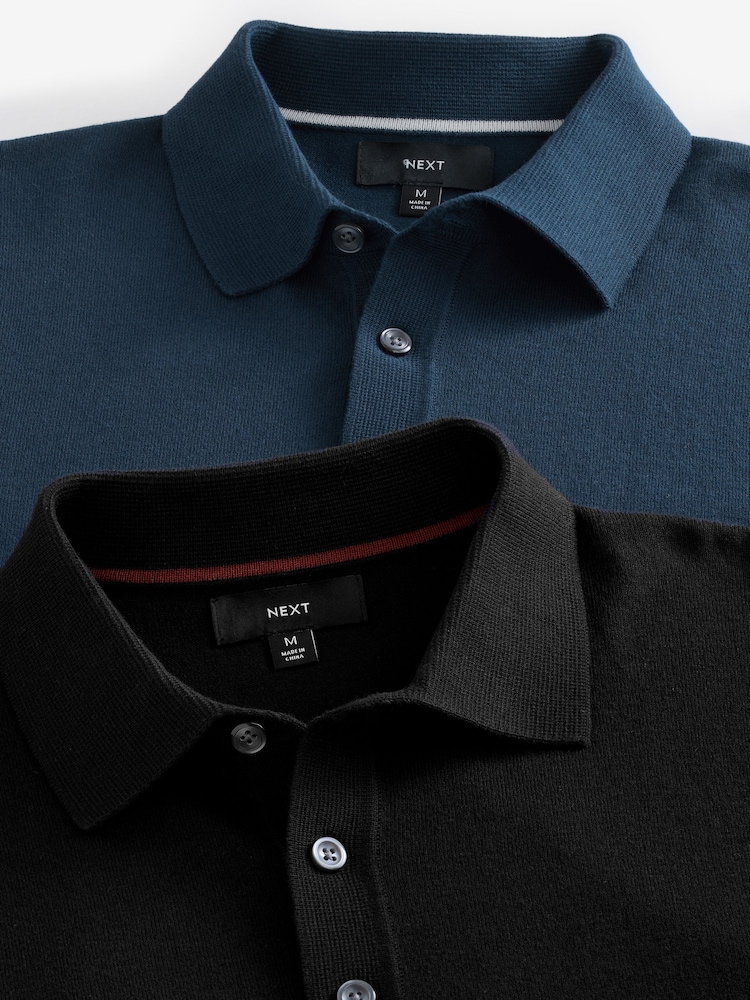 Black/Navy Blue Slim Fit Knitted Long Sleeve Polo Shirts 2 Pack - Image 10 of 11