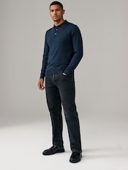 Black/Navy Blue Slim Fit Knitted Long Sleeve Polo Shirts 2 Pack - Image 2 of 11