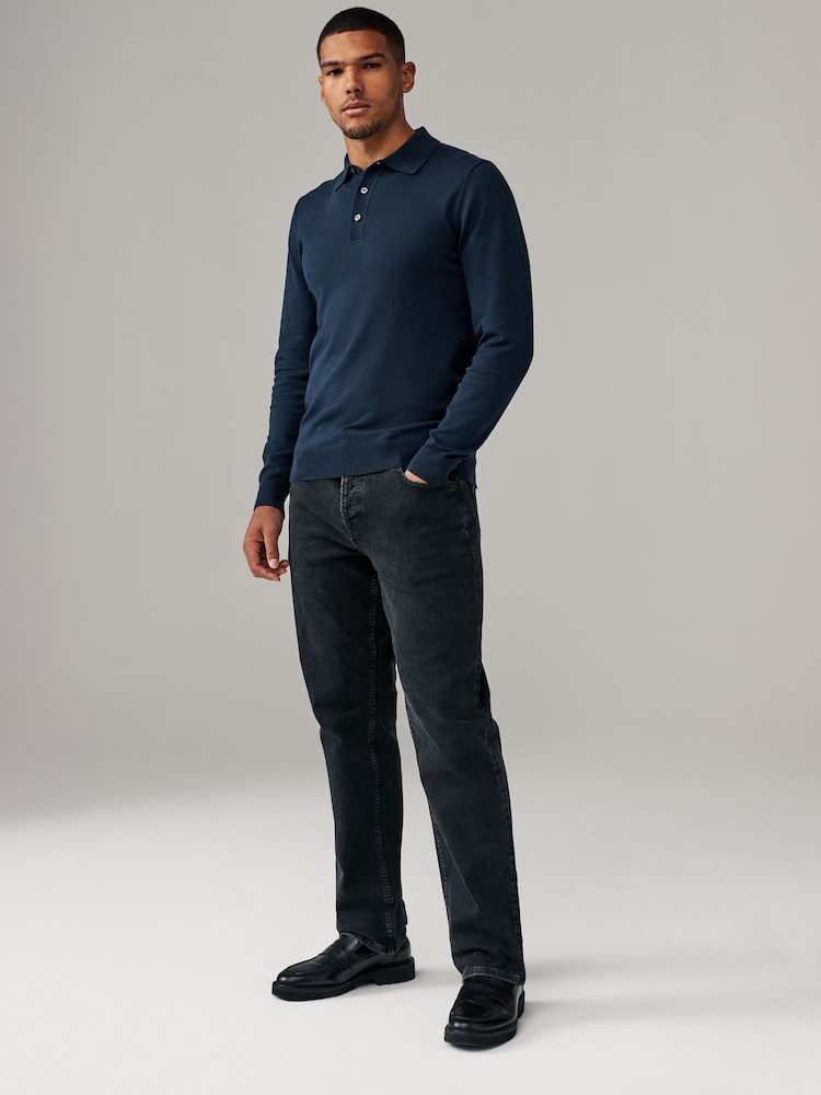 Black/Navy Blue Slim Fit Knitted Long Sleeve Polo Shirts 2 Pack - Image 2 of 11